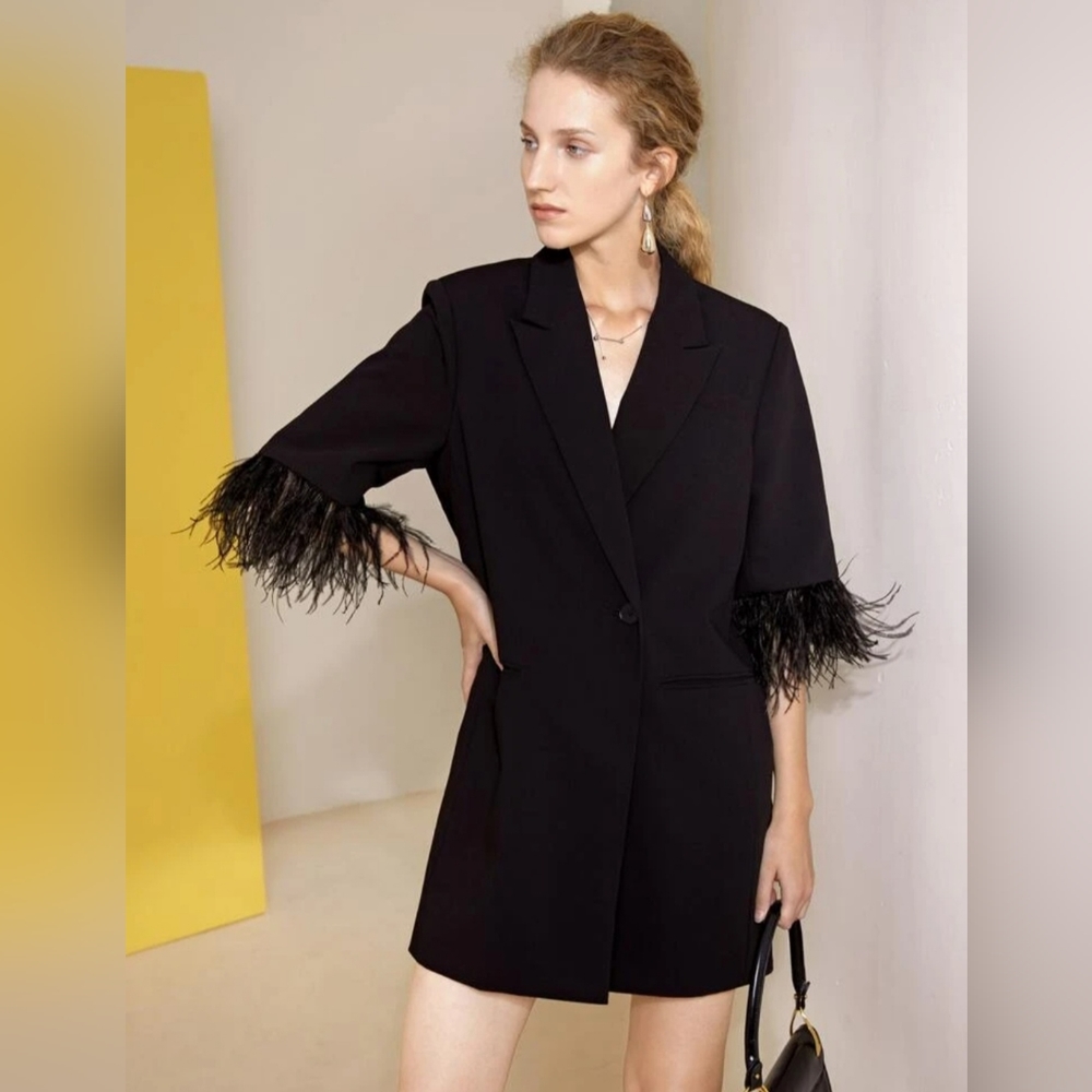 Lapel Collar Single Button Fuzzy Cuff Blazer